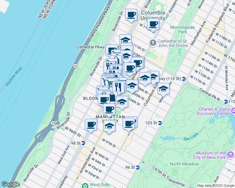 map of restaurants, bars, coffee shops, grocery stores, and more near 212 West 104th Street in New York