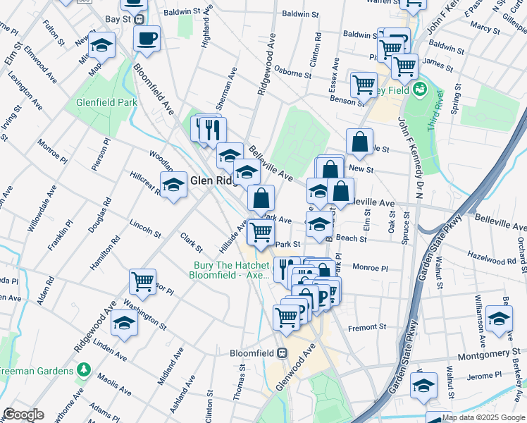 map of restaurants, bars, coffee shops, grocery stores, and more near 85 Park Avenue in Glen Ridge