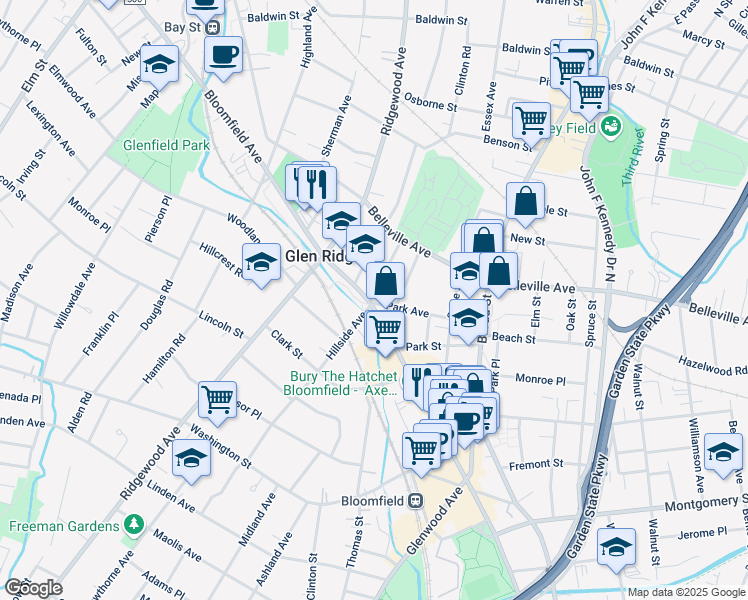 map of restaurants, bars, coffee shops, grocery stores, and more near 85 Park Avenue in Glen Ridge