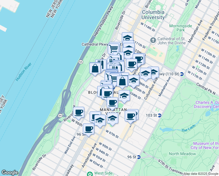 map of restaurants, bars, coffee shops, grocery stores, and more near 237 West 103rd Street in New York