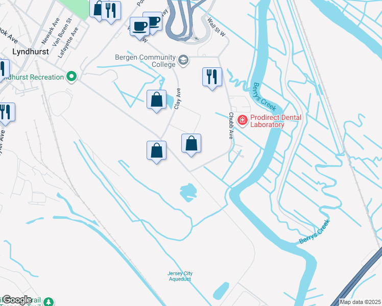 map of restaurants, bars, coffee shops, grocery stores, and more near 1275 Valley Brook Avenue in Lyndhurst