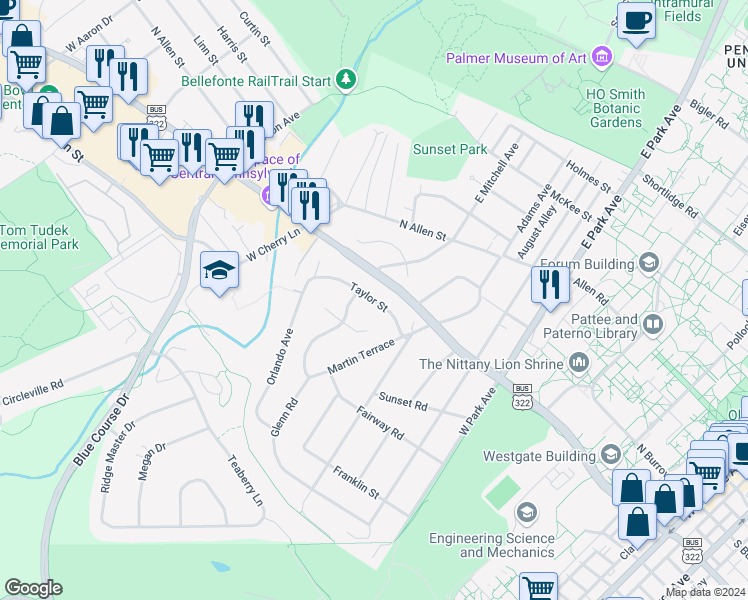 map of restaurants, bars, coffee shops, grocery stores, and more near 935 Taylor Street in State College