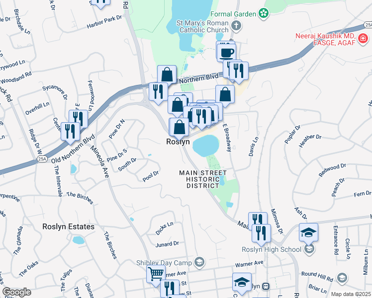 map of restaurants, bars, coffee shops, grocery stores, and more near 1314 Old Northern Boulevard in Roslyn