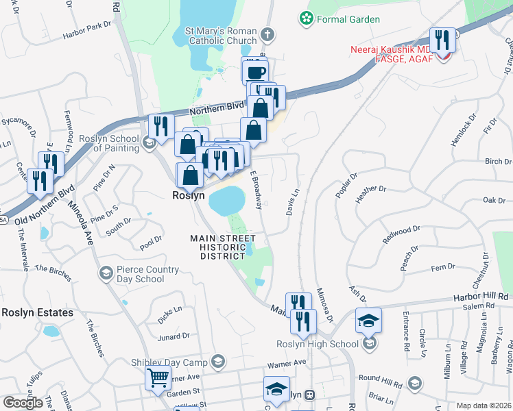 map of restaurants, bars, coffee shops, grocery stores, and more near 70 East Broadway in Roslyn