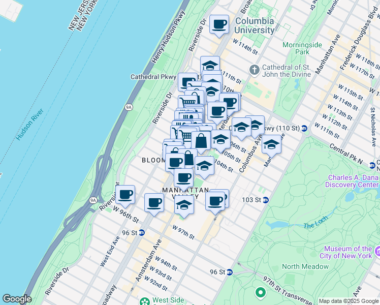 map of restaurants, bars, coffee shops, grocery stores, and more near 2708 Broadway in New York