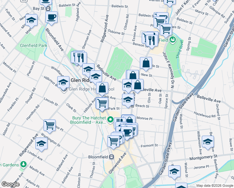 map of restaurants, bars, coffee shops, grocery stores, and more near 114 State Street in Bloomfield