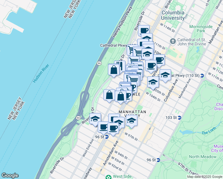 map of restaurants, bars, coffee shops, grocery stores, and more near 316 West 102nd Street in New York