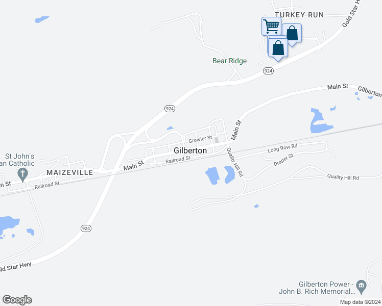 map of restaurants, bars, coffee shops, grocery stores, and more near 222 Main Street in Gilberton