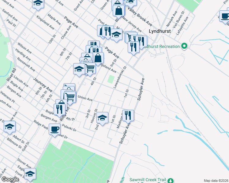 map of restaurants, bars, coffee shops, grocery stores, and more near 628 Lewandowski Street in Lyndhurst