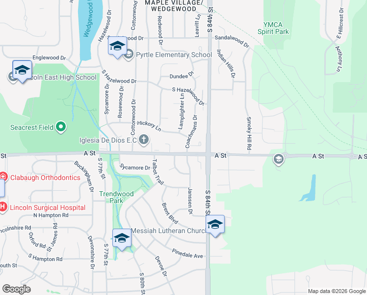 map of restaurants, bars, coffee shops, grocery stores, and more near 1200 Coachmans Drive in Lincoln