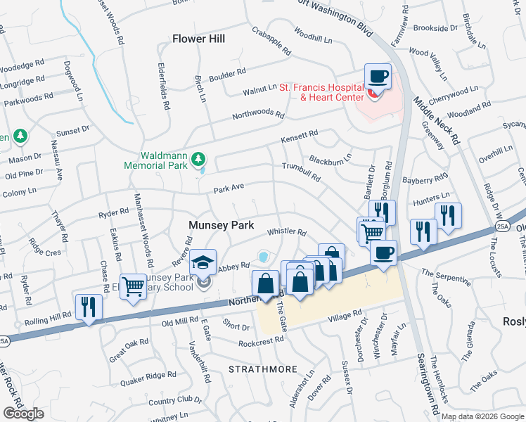map of restaurants, bars, coffee shops, grocery stores, and more near 695 Hunt Lane in Manhasset