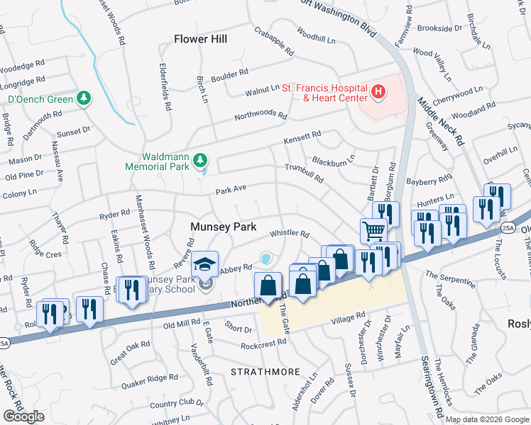 map of restaurants, bars, coffee shops, grocery stores, and more near 406 Abbey Road in Manhasset