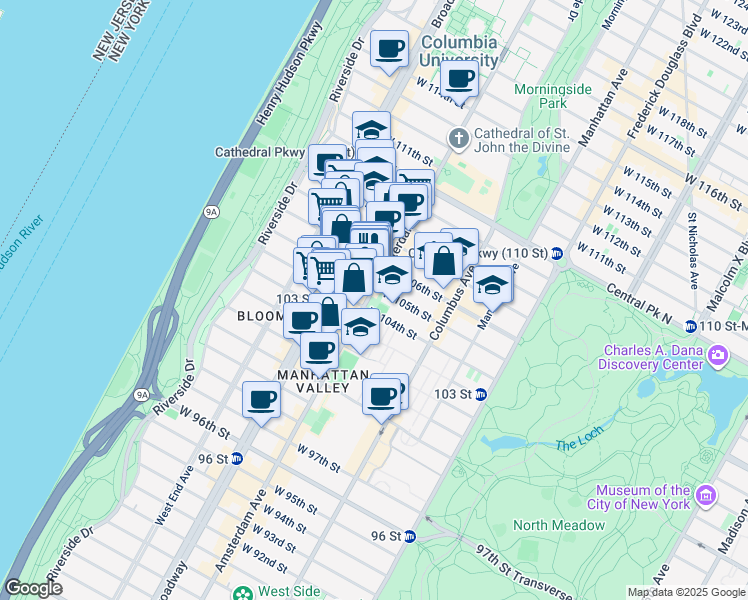 map of restaurants, bars, coffee shops, grocery stores, and more near 907 Amsterdam Avenue in New York