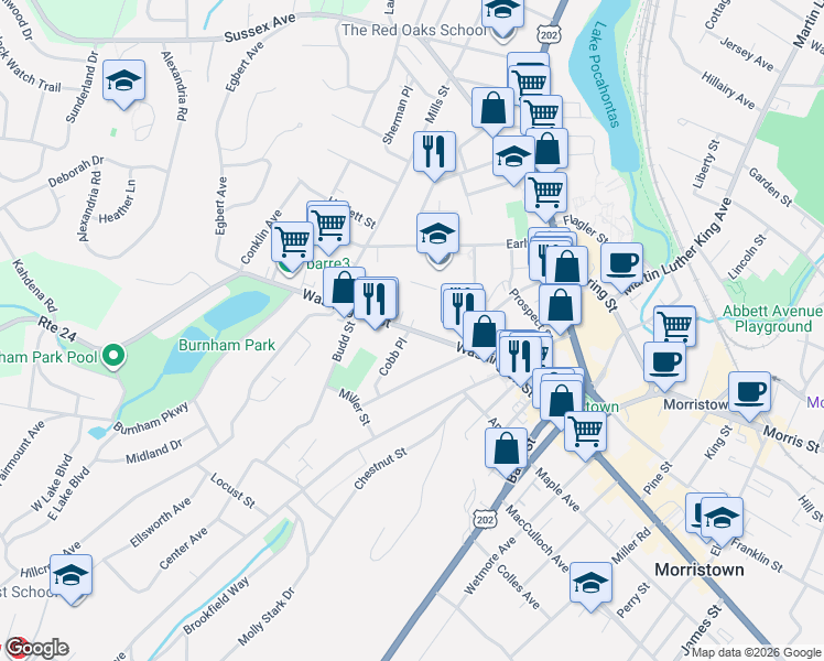 map of restaurants, bars, coffee shops, grocery stores, and more near 113 Washington Street in Morristown