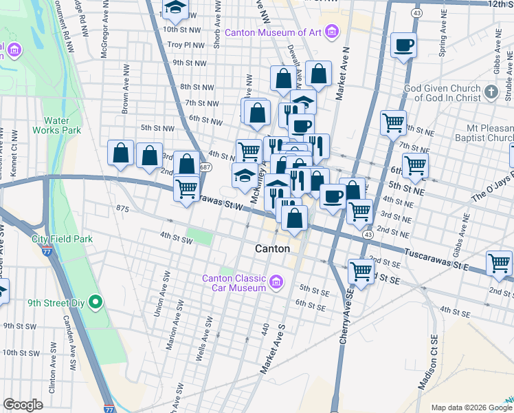 map of restaurants, bars, coffee shops, grocery stores, and more near 521 Tuscarawas Street West in Canton