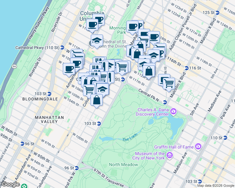 map of restaurants, bars, coffee shops, grocery stores, and more near Central Park West & W 108th St in New York