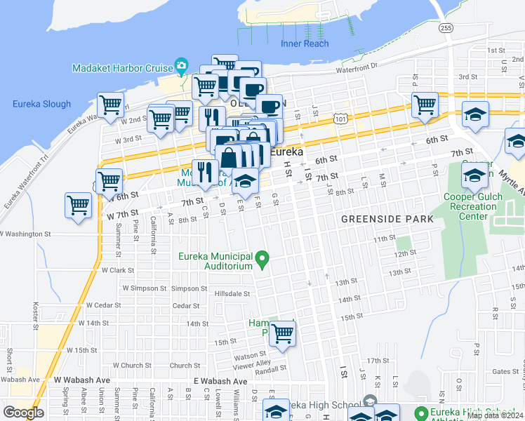 map of restaurants, bars, coffee shops, grocery stores, and more near 803 F Street in Eureka