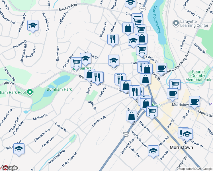 map of restaurants, bars, coffee shops, grocery stores, and more near Washington St & Cobb Pl in Morristown