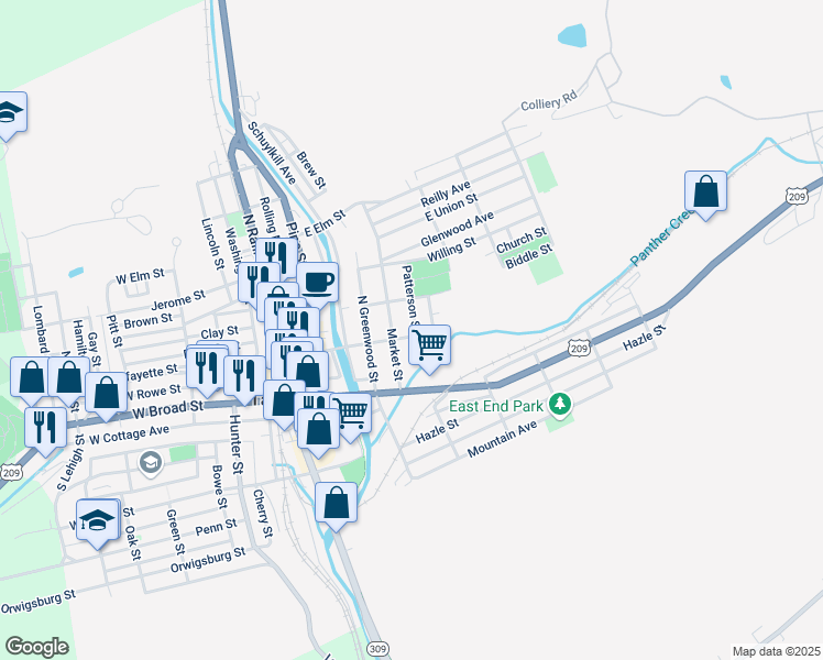 map of restaurants, bars, coffee shops, grocery stores, and more near 120 Patterson Street in Tamaqua