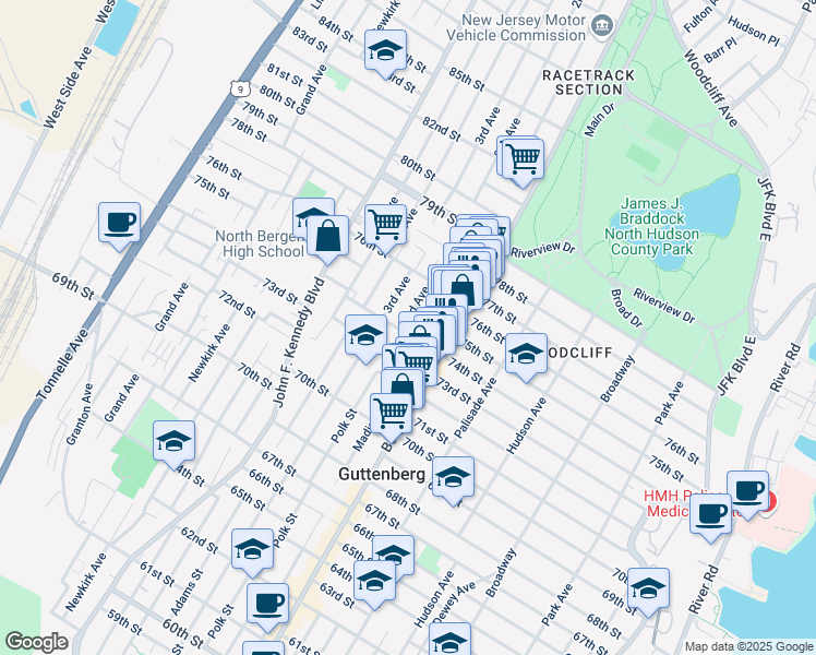 map of restaurants, bars, coffee shops, grocery stores, and more near 7312 2nd Avenue in North Bergen