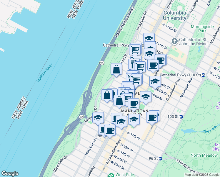 map of restaurants, bars, coffee shops, grocery stores, and more near 293 Riverside Drive in New York