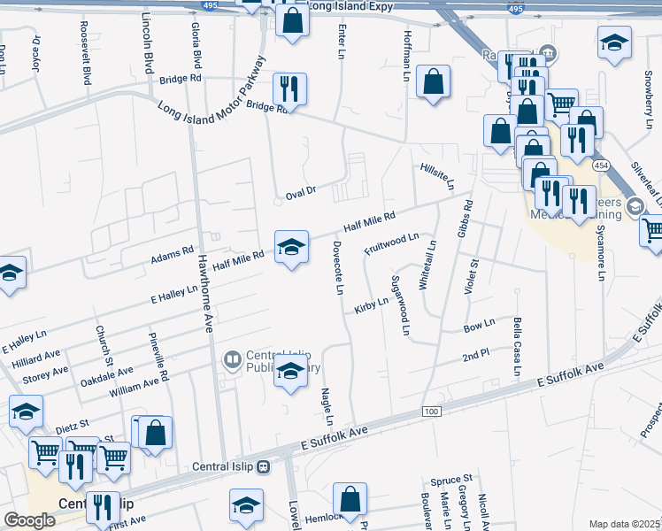 map of restaurants, bars, coffee shops, grocery stores, and more near 304 Half Mile Road in Central Islip