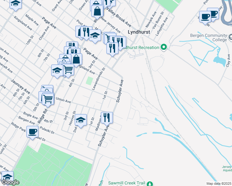 map of restaurants, bars, coffee shops, grocery stores, and more near 601 Schuyler Avenue in Lyndhurst