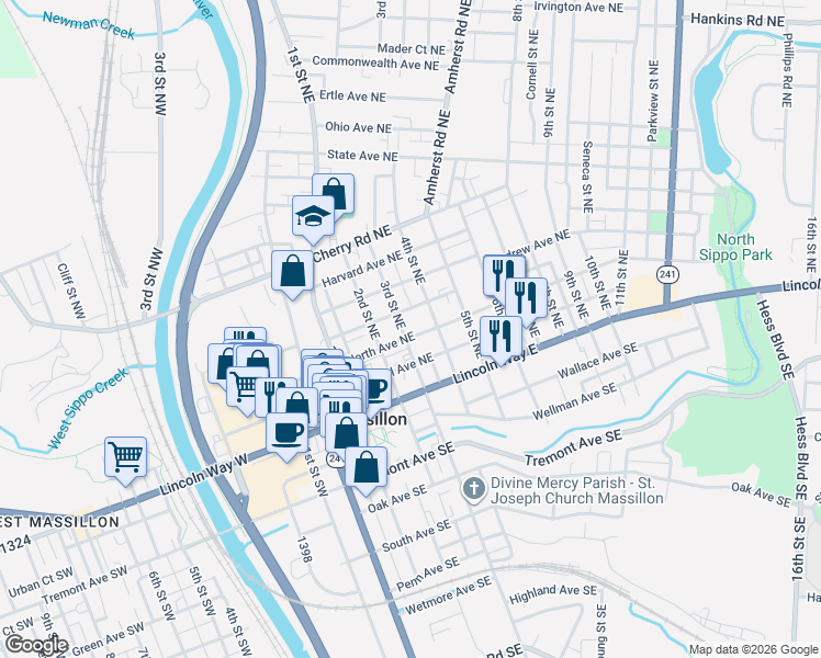map of restaurants, bars, coffee shops, grocery stores, and more near 314 3rd Street Southeast in Massillon