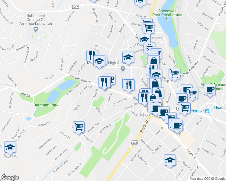 map of restaurants, bars, coffee shops, grocery stores, and more near 116 Washington Street in Morristown