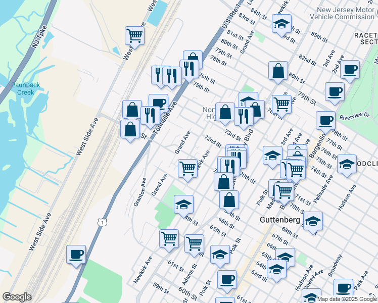 map of restaurants, bars, coffee shops, grocery stores, and more near 7018 Grand Avenue in North Bergen