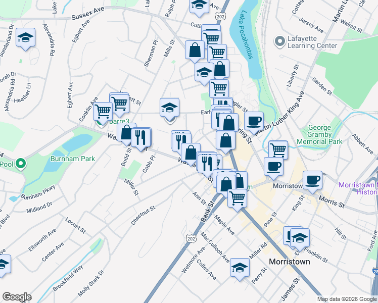 map of restaurants, bars, coffee shops, grocery stores, and more near 16 Atno Avenue in Morristown