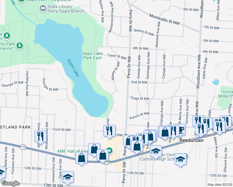 map of restaurants, bars, coffee shops, grocery stores, and more near 178 Albany Drive Northwest in Canton