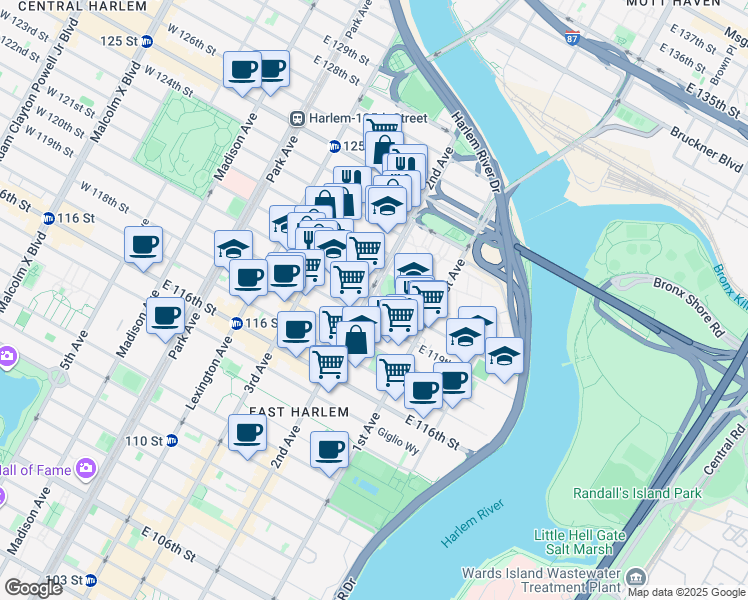map of restaurants, bars, coffee shops, grocery stores, and more near East 120th Street in New York
