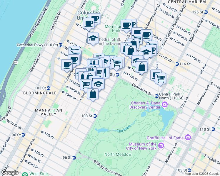 map of restaurants, bars, coffee shops, grocery stores, and more near 2 West 108th Street in New York
