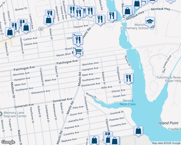 map of restaurants, bars, coffee shops, grocery stores, and more near 169 Hampton Avenue in Mastic