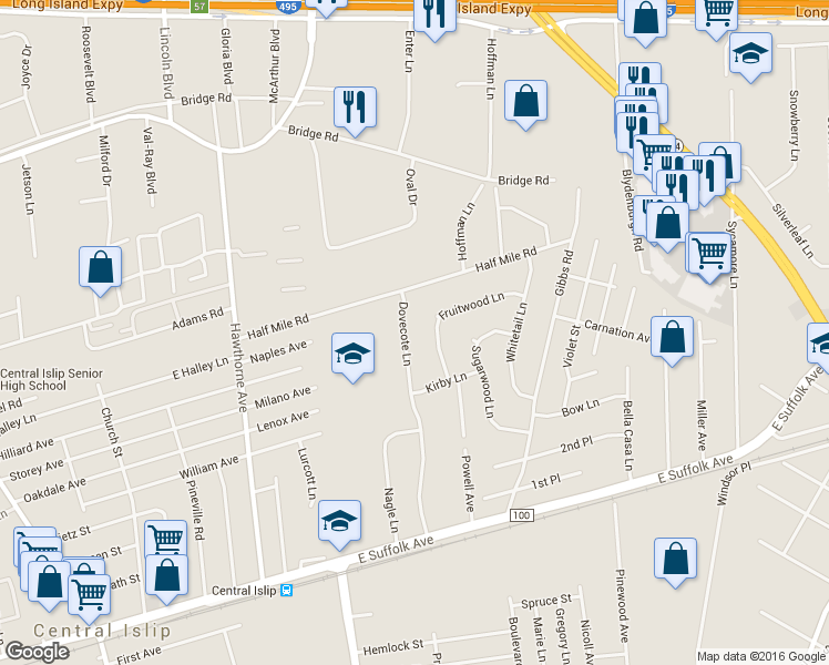 map of restaurants, bars, coffee shops, grocery stores, and more near 249 Dovecote Lane in Central Islip