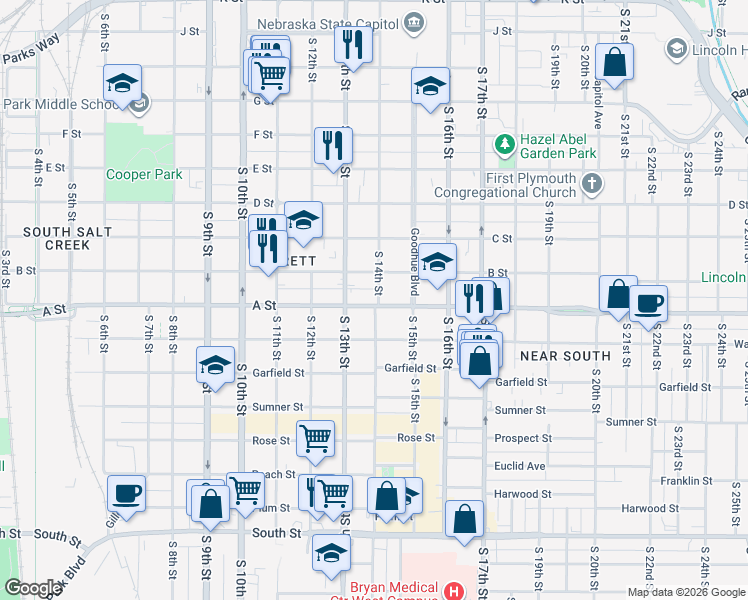 map of restaurants, bars, coffee shops, grocery stores, and more near 1341 South 14th Street in Lincoln
