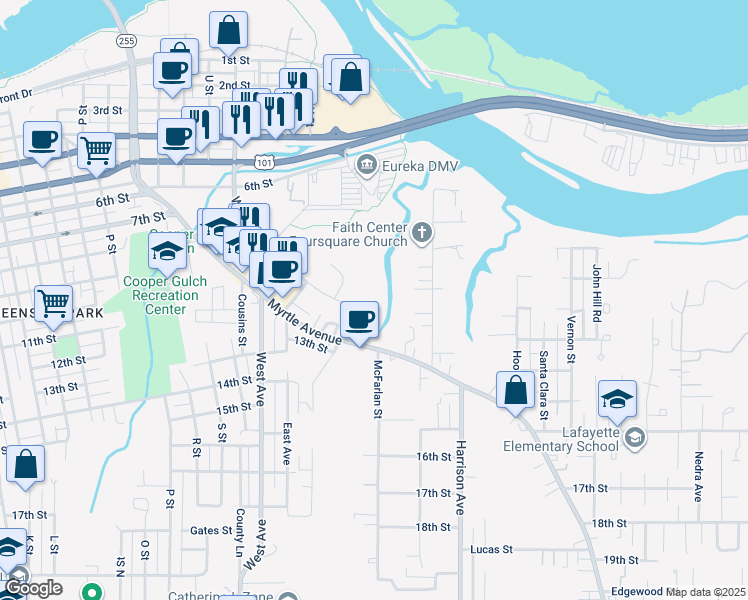 map of restaurants, bars, coffee shops, grocery stores, and more near 1214 Bay Street in Eureka