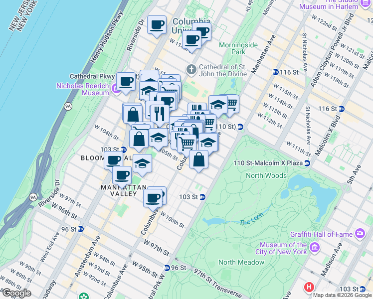 map of restaurants, bars, coffee shops, grocery stores, and more near 115 West 106th Street in New York