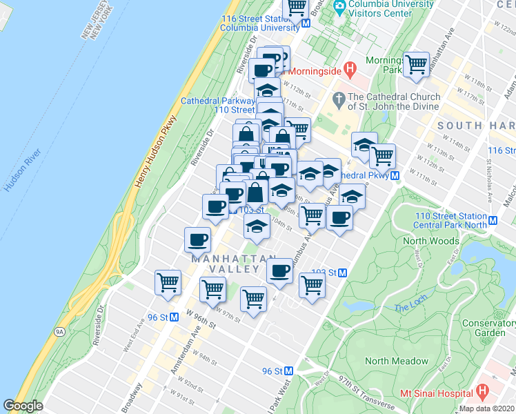 map of restaurants, bars, coffee shops, grocery stores, and more near 920 Amsterdam Avenue in New York