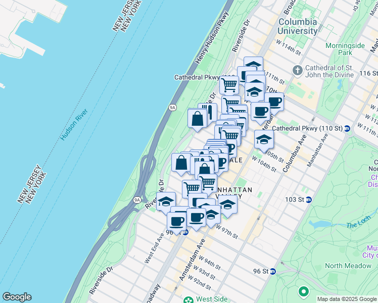 map of restaurants, bars, coffee shops, grocery stores, and more near 345A Riverside Drive in New York