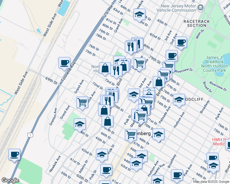 map of restaurants, bars, coffee shops, grocery stores, and more near 7231 John F. Kennedy Boulevard in North Bergen