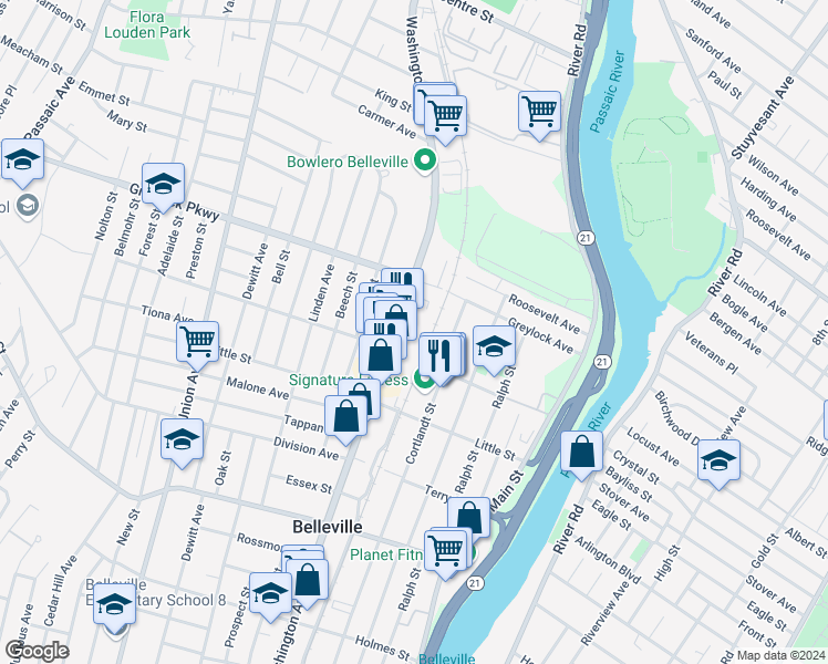 map of restaurants, bars, coffee shops, grocery stores, and more near 568 Washington Avenue in Belleville