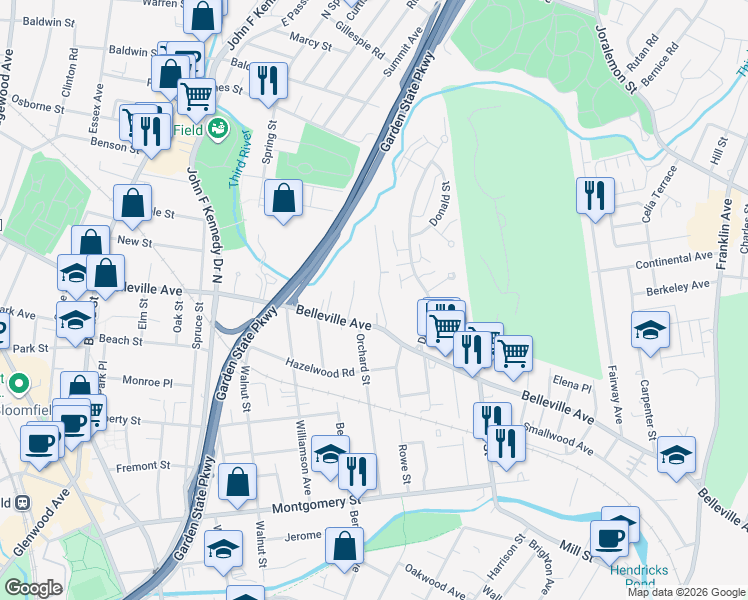 map of restaurants, bars, coffee shops, grocery stores, and more near 36 Forest Drive in Bloomfield