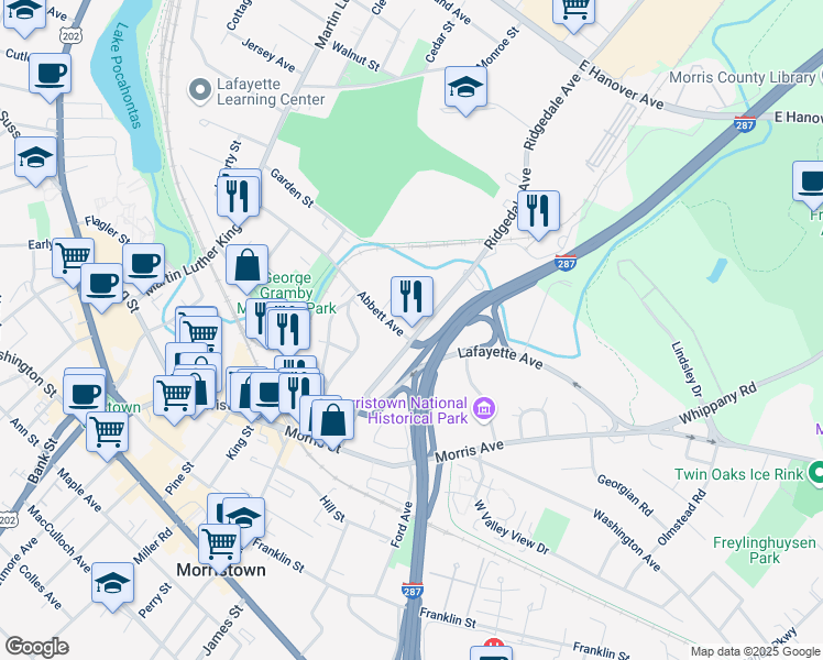map of restaurants, bars, coffee shops, grocery stores, and more near 9 Legion Place in Morristown