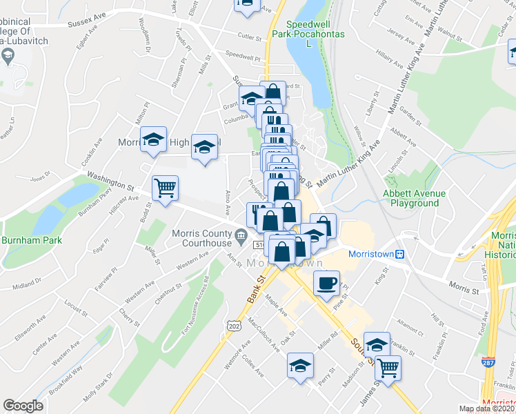 map of restaurants, bars, coffee shops, grocery stores, and more near 17 Prospect Street in Morristown