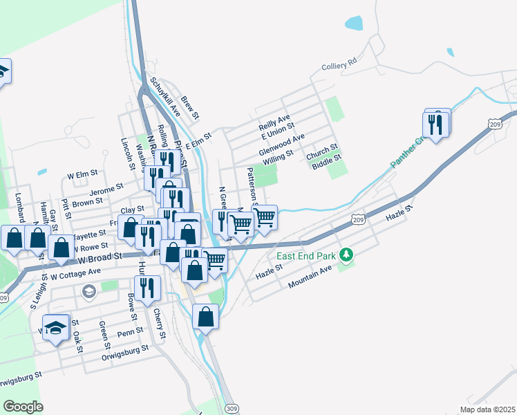 map of restaurants, bars, coffee shops, grocery stores, and more near 119 Patterson Street in Tamaqua