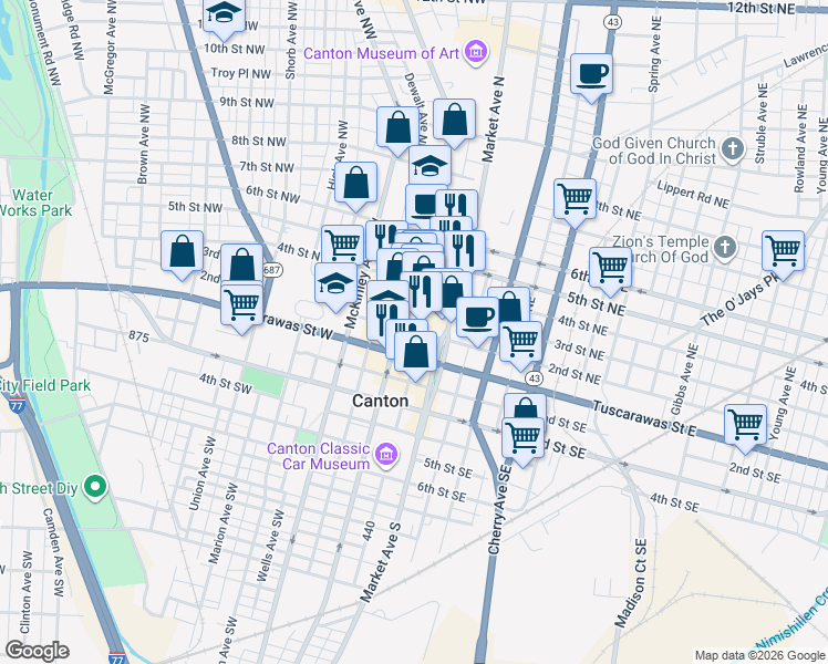 map of restaurants, bars, coffee shops, grocery stores, and more near 120 3rd Street Northwest in Canton