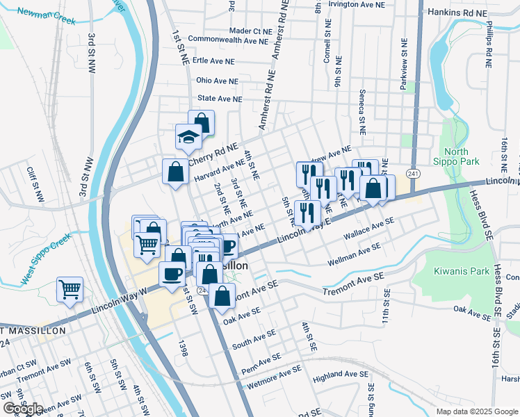 map of restaurants, bars, coffee shops, grocery stores, and more near 220 4th Street Northeast in Massillon