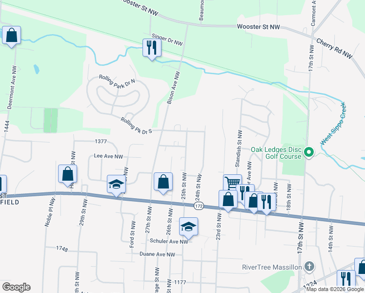 map of restaurants, bars, coffee shops, grocery stores, and more near 2521 Meadows Avenue Northwest in Massillon